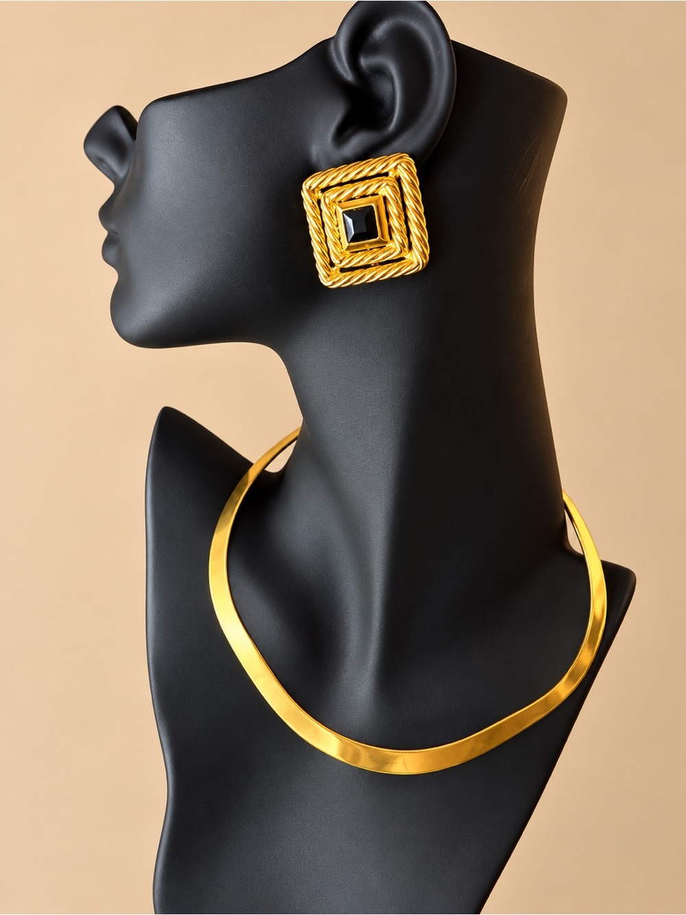Gold-Tone Twisted Square Earrings with Black Center Stone